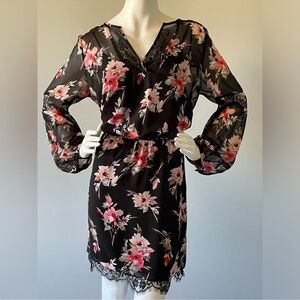 WHBM Sz 14 Floral Black Sheer Dress with Lace Trim